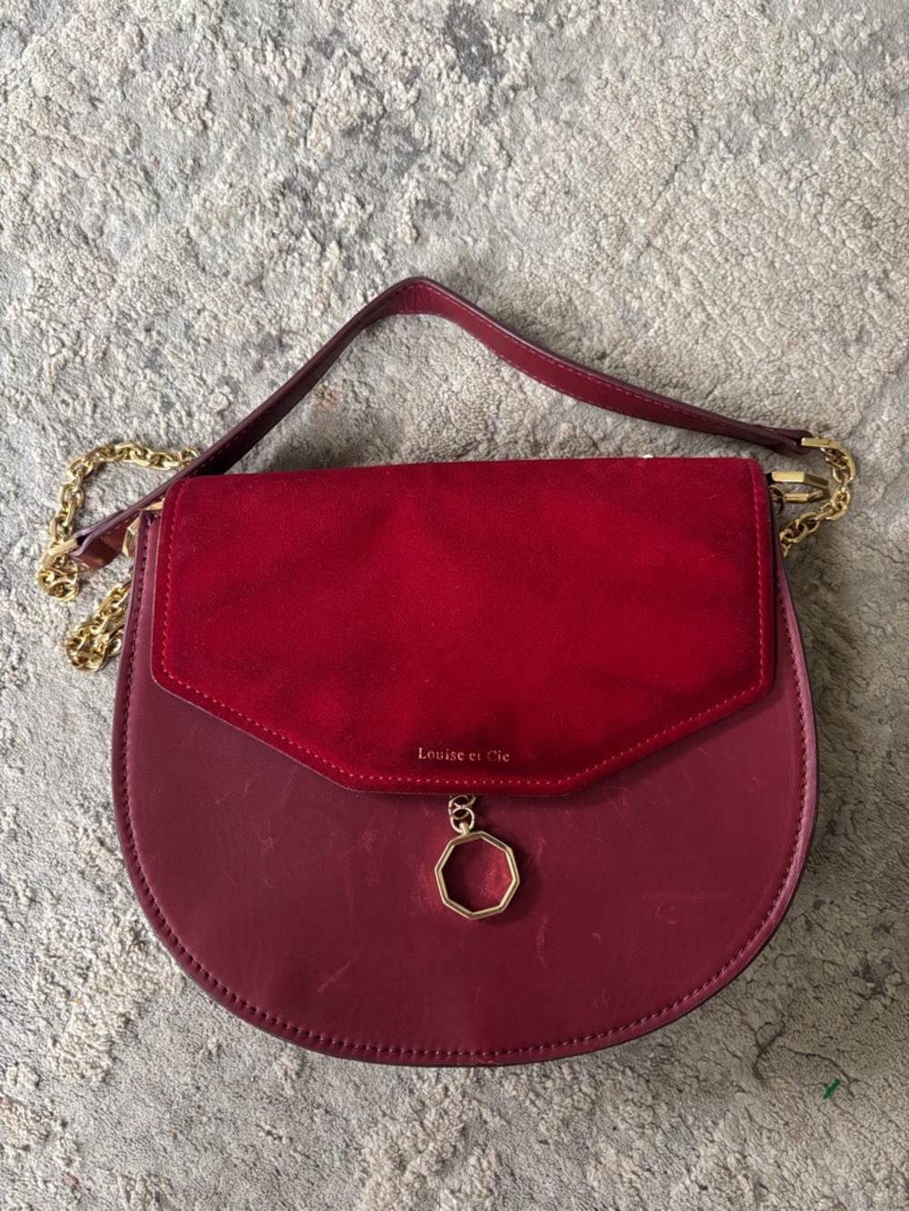 Louise et Cie Two-Tone Red Suede & Leather Shoulder Bag with Gold Chain